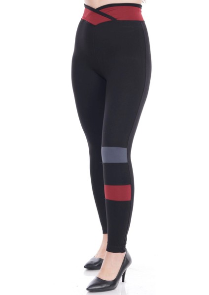 Kadın Siyah Beli Lastikli Kemeri Dizi Şeritli Toparlayıcı Tayt