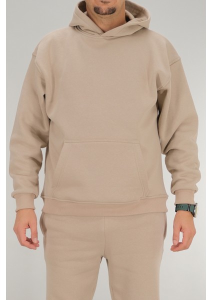 Erkek Bej Oversize Kapüşonlu Sweatshirt 3 Iplik Şardonlu Kanguru Cepli