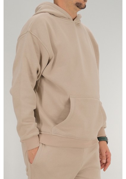 Erkek Bej Oversize Kapüşonlu Sweatshirt 3 Iplik Şardonlu Kanguru Cepli fiyatları