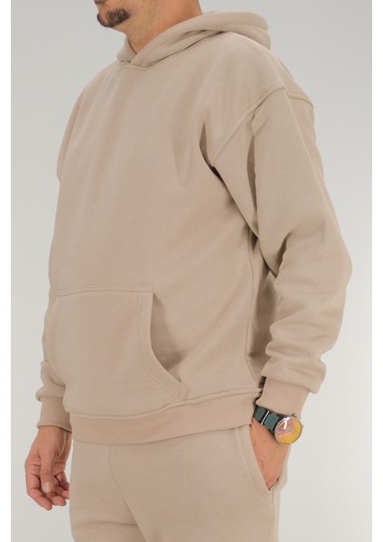 Erkek Bej Oversize Kapüşonlu Sweatshirt 3 Iplik Şardonlu Kanguru Cepli modelleri