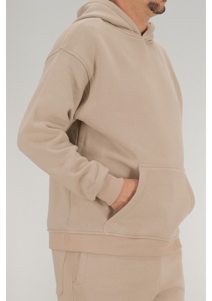Erkek Bej Oversize Kapüşonlu Sweatshirt 3 Iplik Şardonlu Kanguru Cepli indirimleri