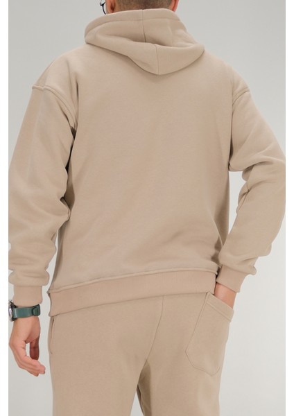Erkek Bej Oversize Kapüşonlu Sweatshirt 3 Iplik Şardonlu Kanguru Cepli