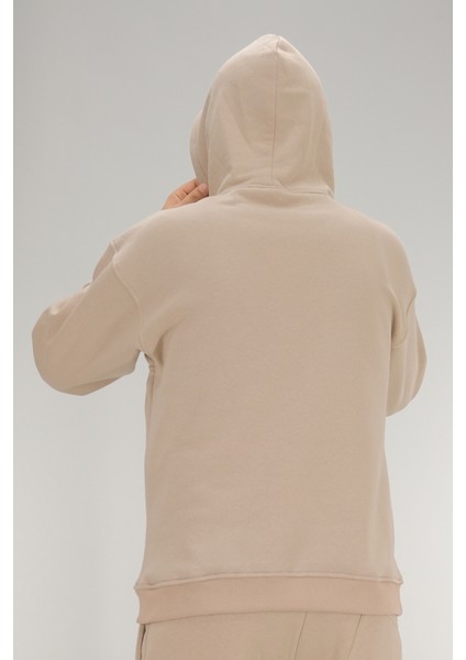 Erkek Bej Oversize Kapüşonlu Sweatshirt 3 Iplik Şardonlu Kanguru Cepli