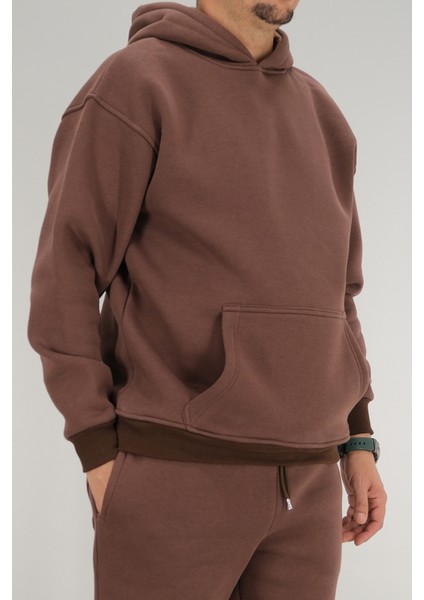 Erkek Kahverengi Oversize Kapüşonlu Sweatshirt 3 Iplik Şardonlu Kanguru Cepli fiyatları