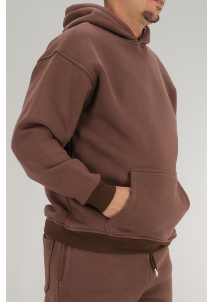 Erkek Kahverengi Oversize Kapüşonlu Sweatshirt 3 Iplik Şardonlu Kanguru Cepli indirimleri