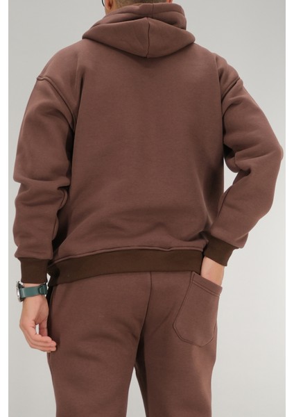 Erkek Kahverengi Oversize Kapüşonlu Sweatshirt 3 Iplik Şardonlu Kanguru Cepli