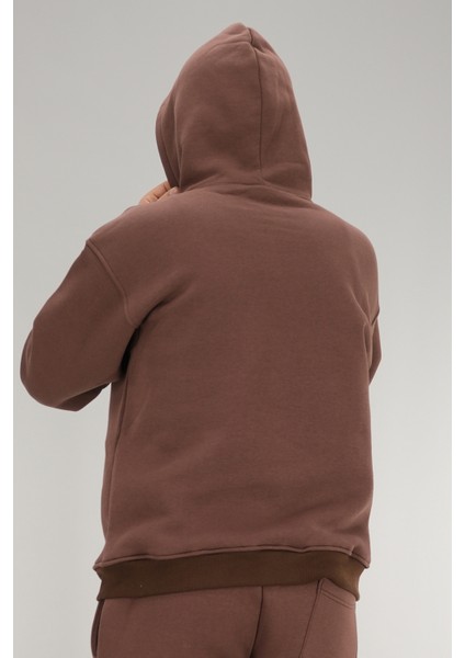 Erkek Kahverengi Oversize Kapüşonlu Sweatshirt 3 Iplik Şardonlu Kanguru Cepli