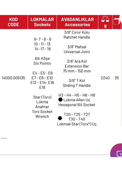 3/8 Lokma Takımı ( Star Lokma+Torx Lokma+ Lokmalı Allen) fiyatları