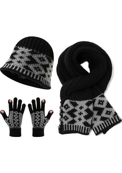 Kış Sıcak Örme Şapka Eşarp Eldiven Üç Parçalı Seti (Yurt Dışından)