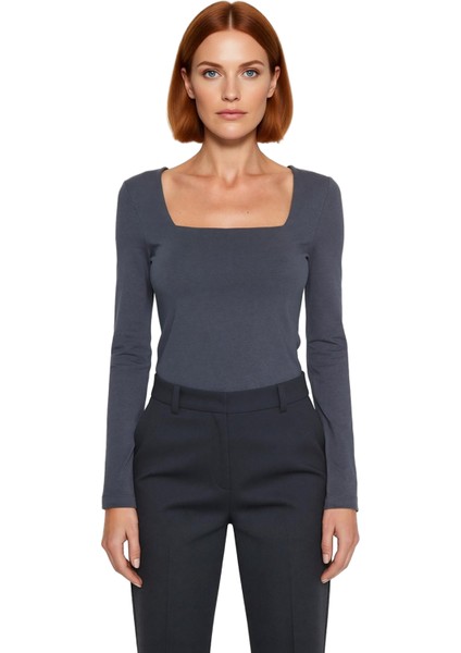 Kadın Gri Kare Yaka Fitted Uzun Kollu Pamuklu Bluz Günlük Kullanım Için Cool & Comfort Özellikli modelleri