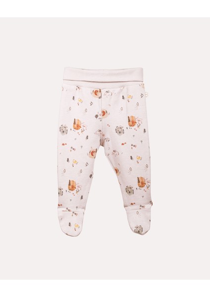 %100 Organik Pamuk Gots Sertifikalı Patikli Orman Desenli Bebek & Yenidoğan Pantolon - Taş Rengi
