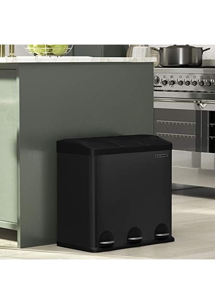 54 Litre Mutfak Çöp Kutusu Pedallı Çöp Kovası, 3 Bölmeli, Iç Kovalar ve Atık Ayırma Için 6 Etiket, Çöp Ayrıştırma Sistemi, Siyah LTB54B modelleri
