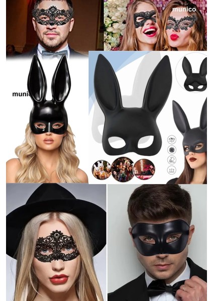 3 Adet Siyah Uzun Kulaklı Tavşan Maskesi Ekstra Lüks Yumuşak Plastik Lastik Rahat Kullanım Hallowen modelleri