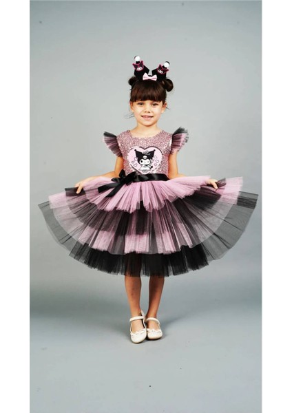 Kuromi Taç Aksesuarlı Baskılı Doğum Günü Kız Elbise 3/4 Yaş