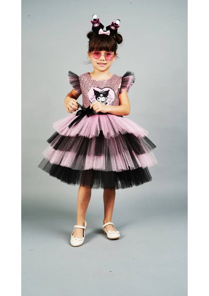 Kuromi Taç Aksesuarlı Baskılı Doğum Günü Kız Elbise 3/4 Yaş