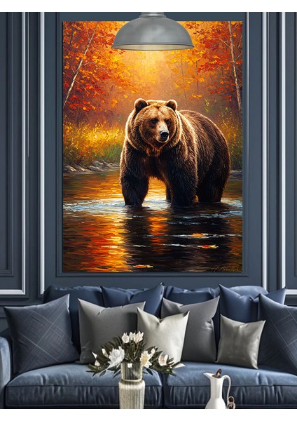 Gün Batımında Yürüyen Kahverengi Ayı Dekoratif Kanvas - Mdf Ahşap Tablo