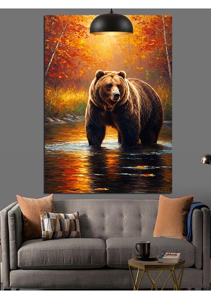 Gün Batımında Yürüyen Kahverengi Ayı Dekoratif Kanvas - Mdf Ahşap Tablo fiyatları