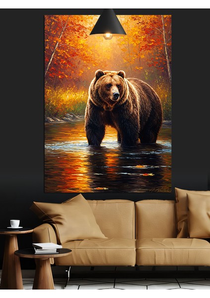 Gün Batımında Yürüyen Kahverengi Ayı Dekoratif Kanvas - Mdf Ahşap Tablo fırsatları