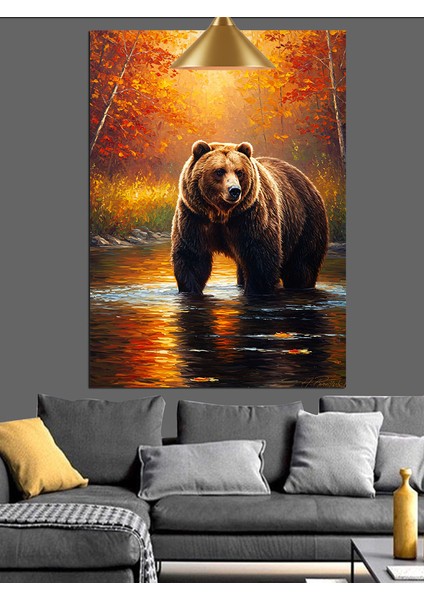 Gün Batımında Yürüyen Kahverengi Ayı Dekoratif Kanvas - Mdf Ahşap Tablo indirimleri