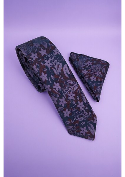 Slim Çiçekli Mor Kravat & Mendil