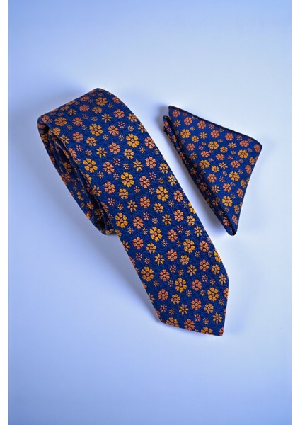 Slim Çiçekli Lacivert Kravat & Mendil
