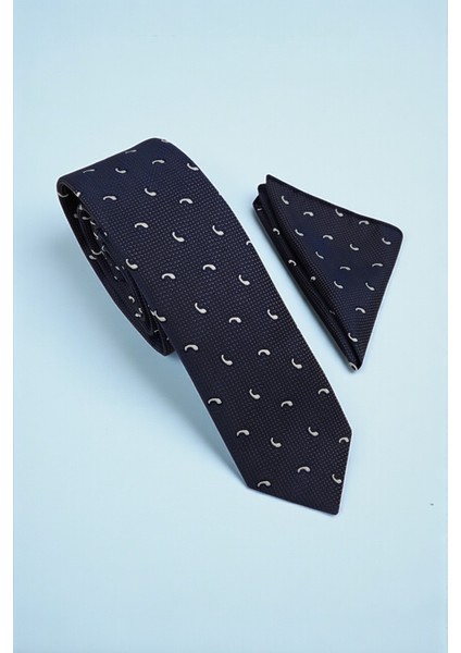 Slim Damla Desen Koyu Lacivert Kravat & Mendil
