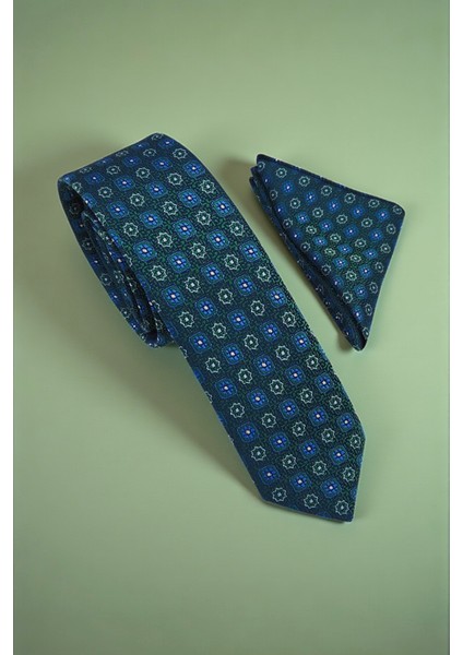 Slim Mozaik Desen Yeşil Kravat & Mendil