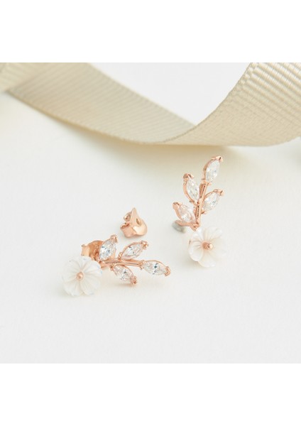 925 Ayar Rose Kaplama Manolya Çiçekli Yaprak Model Gümüş Küpe