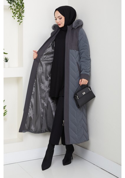 Kadın Astarlı Kaşe Detaylı Tam Boy Nova Kapitone Mont -PMK483