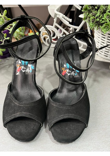 Mat Siyah Süet Kebebek Model 8,5 cm Topuk Boyu Tango-Dans ve Abiye Ayakkabısı