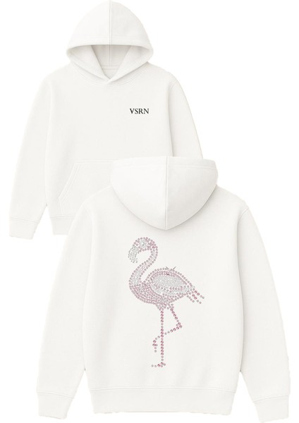 Tek Flamingo Parlak Tasarım Baskılı Oversize Beyaz Kapüşonlu Sweatshirt