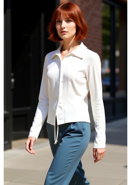 Kadın Polo Yaka Düğmeli Esnek Örme Uzun Kollu Kaliteli Şık Rahat Modern Zarif Günlük