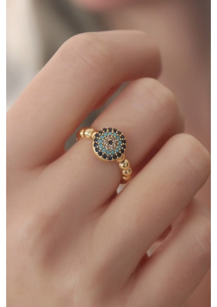 Bfs Gold Renk Nazar Boncuk Figür Zirkon Taş Detay Kadın Yüzük