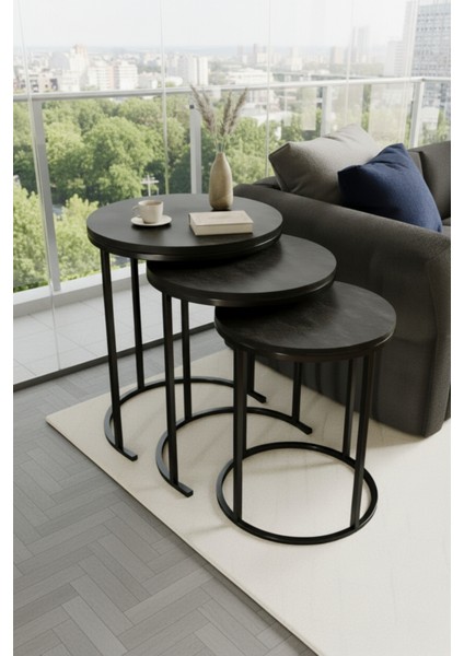 3'lü C Zigon Sehpa Seti Siyah Metal Kartal Tabla Yan Sehpa