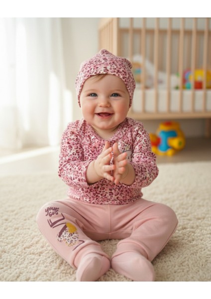 Erkek-Kız Bebek Omuz Genişletmeli Çıtçıtlı Body Pijama Bere Takımı, %100 Pamuk , Modern Tasarım