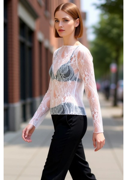 Kadın Ispanyol Kol Detaylı Kayık Yaka Esnek Örme Dantel Bluz Kaliteli Şık Rahat Modern