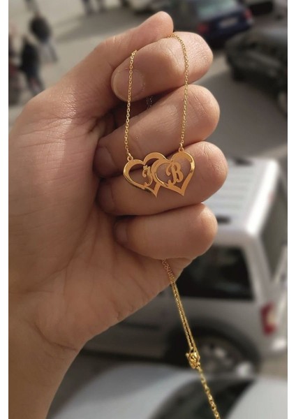 925 Ayar Gümüş 24 Ayar Altın Kaplama Harfli Kalp Kolye