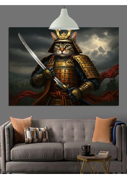 Samuray Kasklı Kedi Savaşçı Figürü Dekoratif Kanvas - Mdf Ahşap Tablo