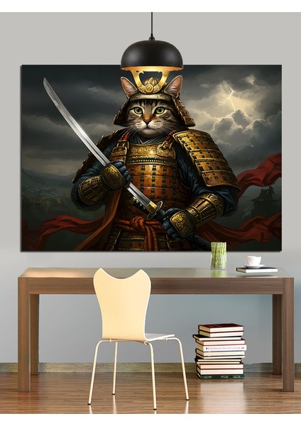 Samuray Kasklı Kedi Savaşçı Figürü Dekoratif Kanvas - Mdf Ahşap Tablo fiyatları