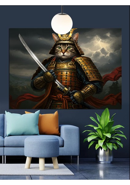 Samuray Kasklı Kedi Savaşçı Figürü Dekoratif Kanvas - Mdf Ahşap Tablo modelleri