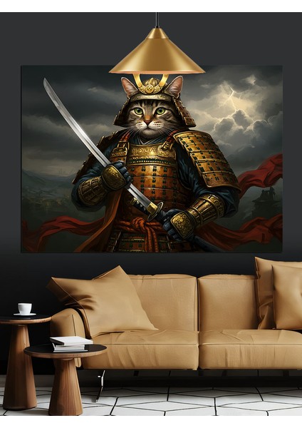 Samuray Kasklı Kedi Savaşçı Figürü Dekoratif Kanvas - Mdf Ahşap Tablo fırsatları