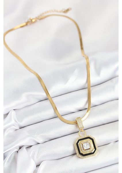 316L Çelik Zirkon Taşlı Siyah Detaylı Baget Model Gold Renk Kadın Kolye - TJ-BKO10529