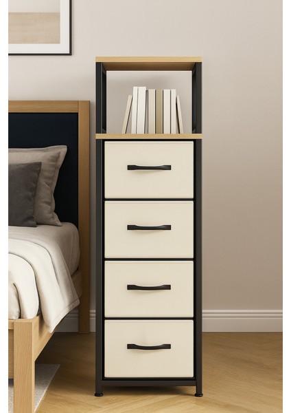 2 Raflı Komodin Deri Çekmeceli Düzenleyici Yatak Odası Organizer Metal Komodin