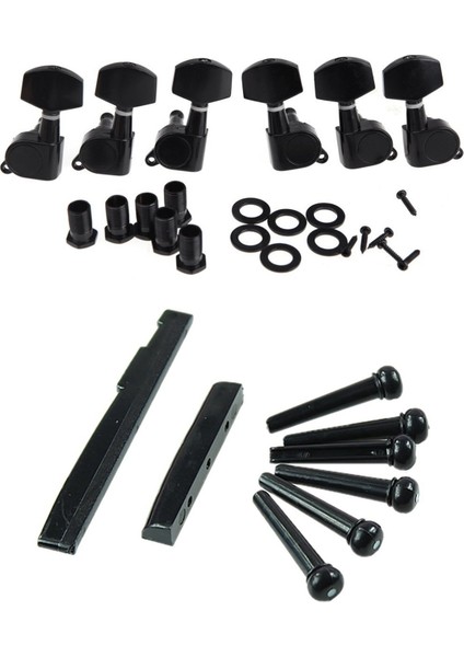 6 Adet Siyah Mühürlü Elektrik Ayar Mandalları Tuner Makine Kafası 3r 3l ve 1 Set Akustik Guar Köprü Pimleri Eyer Somun Parçaları 1xguitar Eyer x 1x Gitar Somunu (Siyah) (Yurt Dışından)