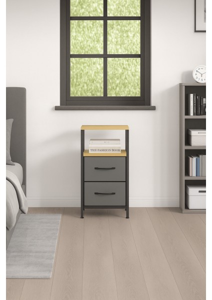 2 Raflı Komodin Deri Çekmeceli Düzenleyici Yatak Odası Organizer Metal Komodin