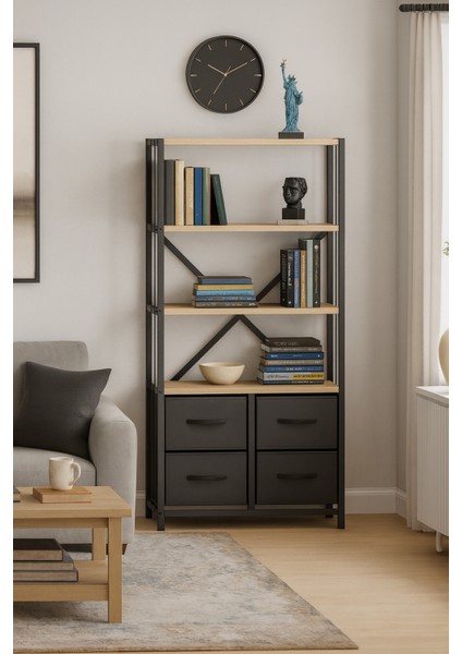 4 Çekmeceli 4 Raflı Kitaplık Çalışma Odası Düzenleyici Metal Kitaplık Deri Çekmeceli Kitaplık