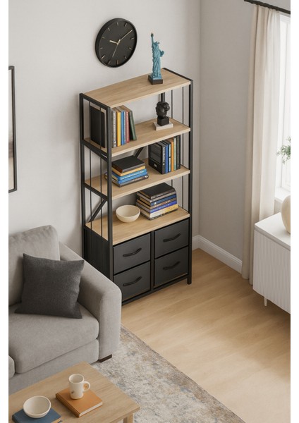 4 Çekmeceli 4 Raflı Kitaplık Çalışma Odası Düzenleyici Metal Kitaplık Deri Çekmeceli Kitaplık fiyatları