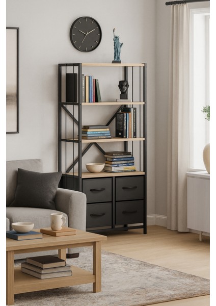 4 Çekmeceli 4 Raflı Kitaplık Çalışma Odası Düzenleyici Metal Kitaplık Deri Çekmeceli Kitaplık modelleri