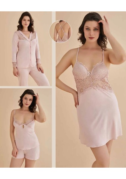 Kadın Pudra Gecelik&sabahlık&şortlu Takım&pijama Takımı 6'lı Penye Gelin Çeyizlik Set W5.8.dkukchss