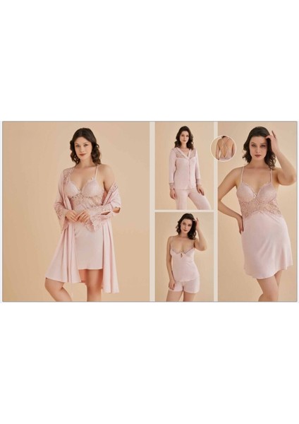 Kadın Pudra Gecelik&sabahlık&şortlu Takım&pijama Takımı 6'lı Penye Gelin Çeyizlik Set W5.8.dkukchss modelleri